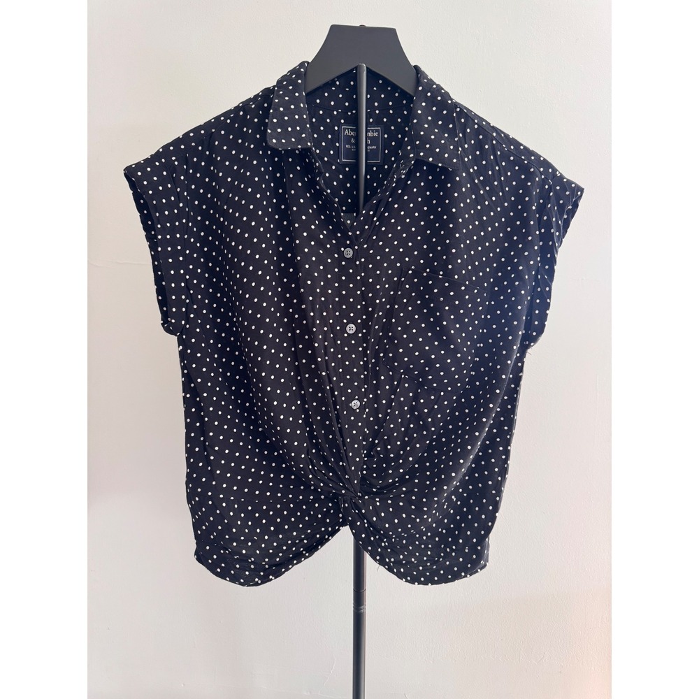 Abercrombie & Fitch Polka Dot Front Knot Button Down Top Black White XS